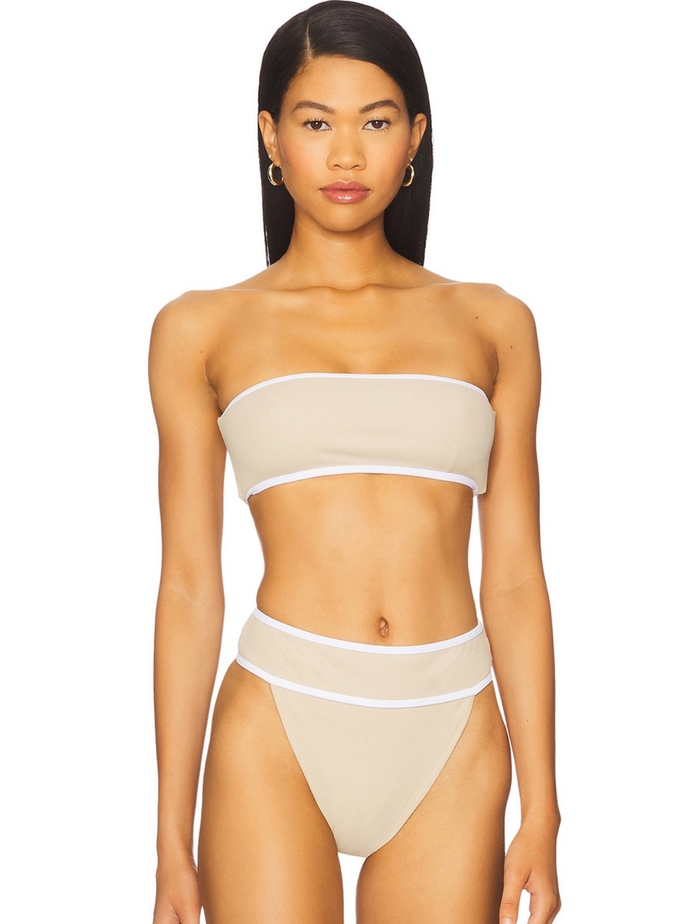 L'Academie Beige Bandeau Bikini with White Trim